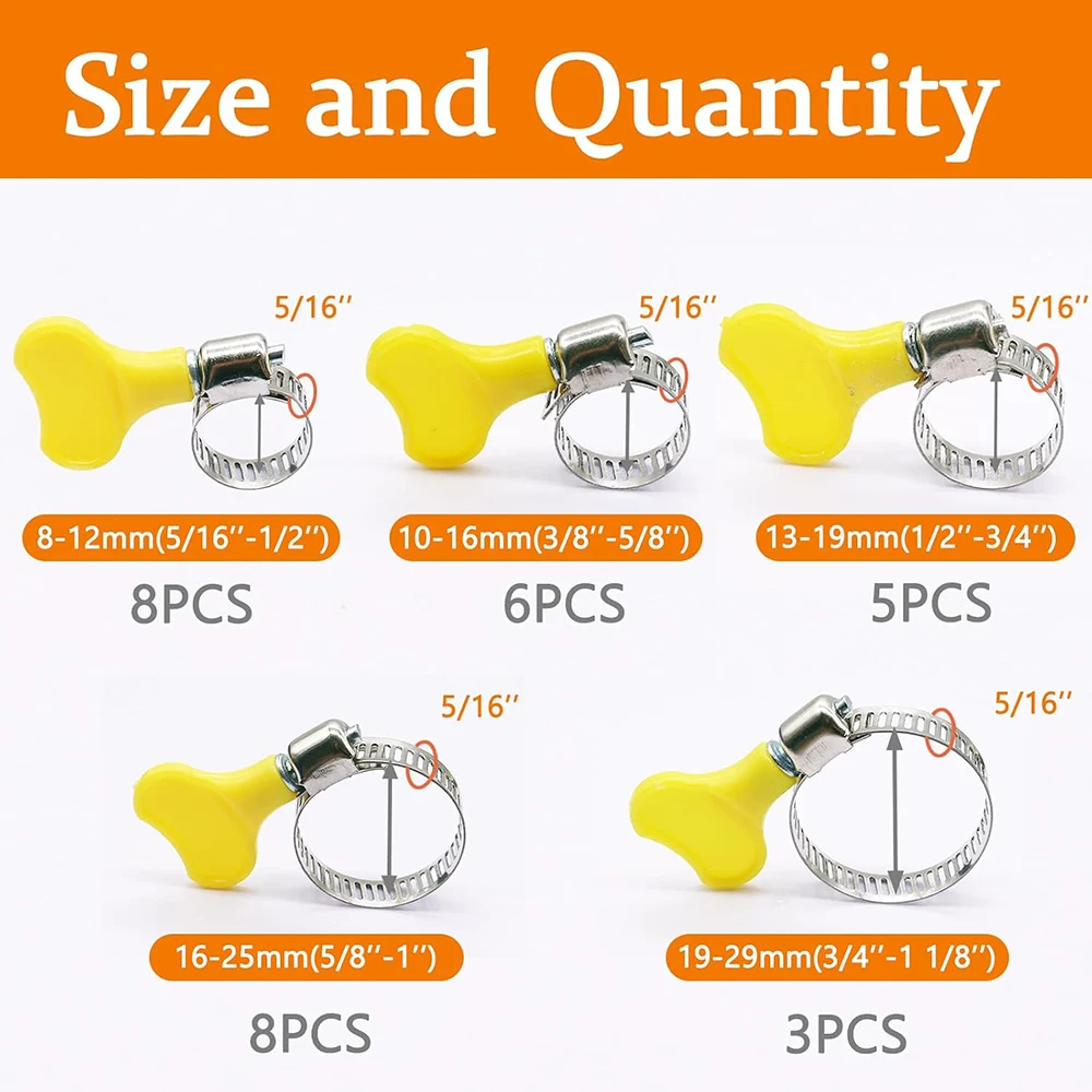 30pcs finger rotating hose clamp combination kit 5/16 "1-1/8"(8-29mm) key type stainless steel hose clamp suitable for pipelines