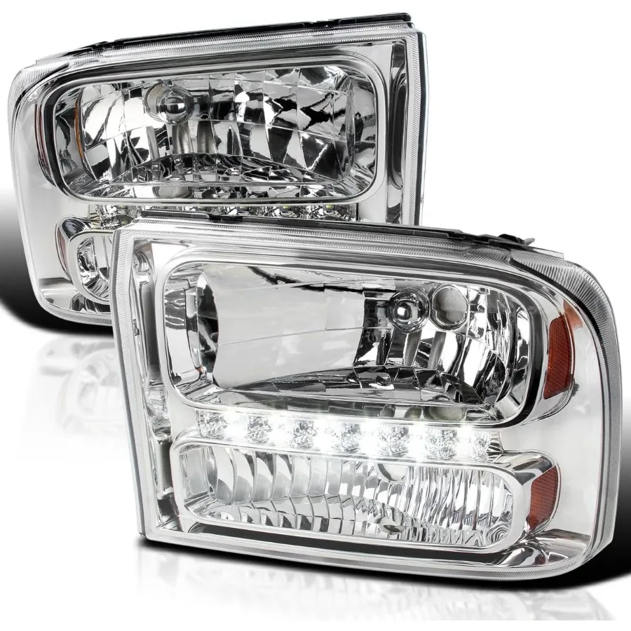 

1Pc Chrome Clear Led Headlights Compatible with 1999-2004 Ford F250 F350 F450 Super Duty 2000-2004 Ford Excursion L+R Pair Head
