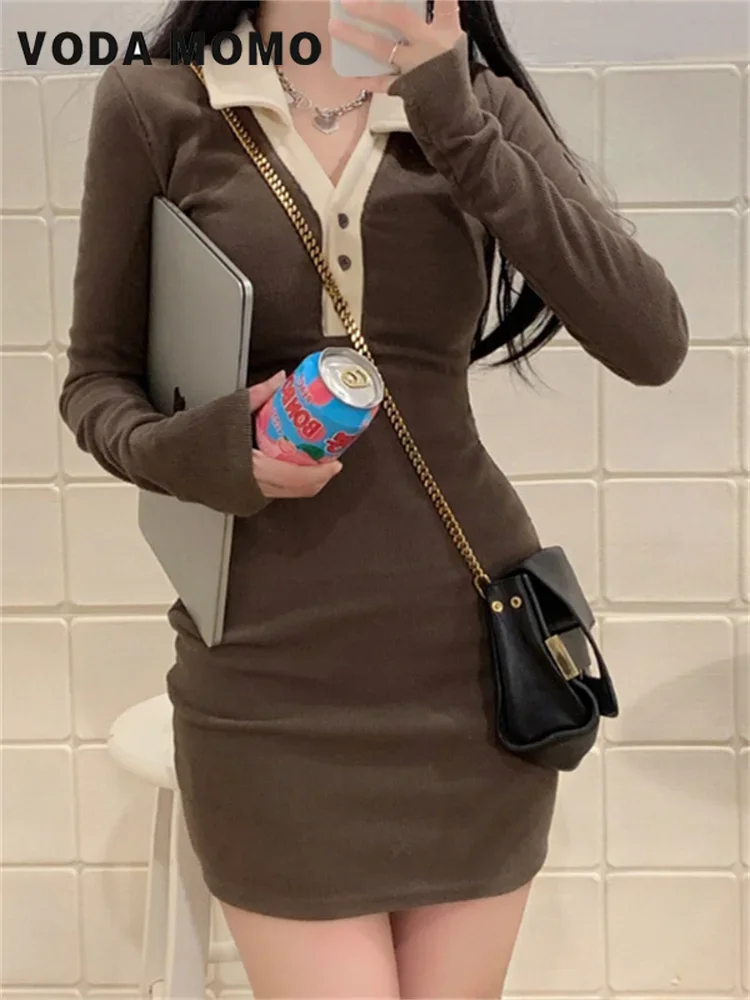 Harajuku Lente Herfst Vintage Gebreide T-shirt Jurk Vrouwen Elegante Leisure Koreaanse Stijl Polo Kraag Bodycon Wrap Korte Jurken