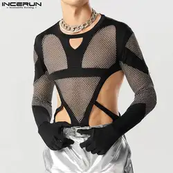 INCERUN Stylish Men Jumpsuit Flash See-through Mesh Hollow Deconstruction Design Rompers Triangular Long Sleeved Bodysuits S-5XL