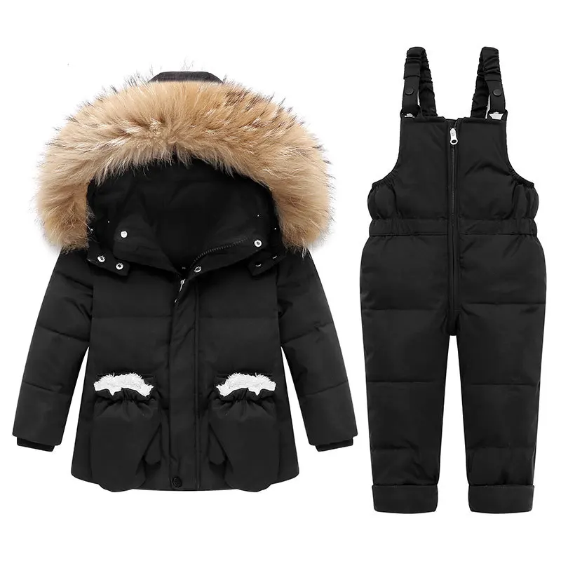 OLEKID 2024 Winter Children Girl Overalls Real Raccoon Fur Down Jacket For Girl Baby Girl Jumpsuit Kids Girl Outerwear Coat