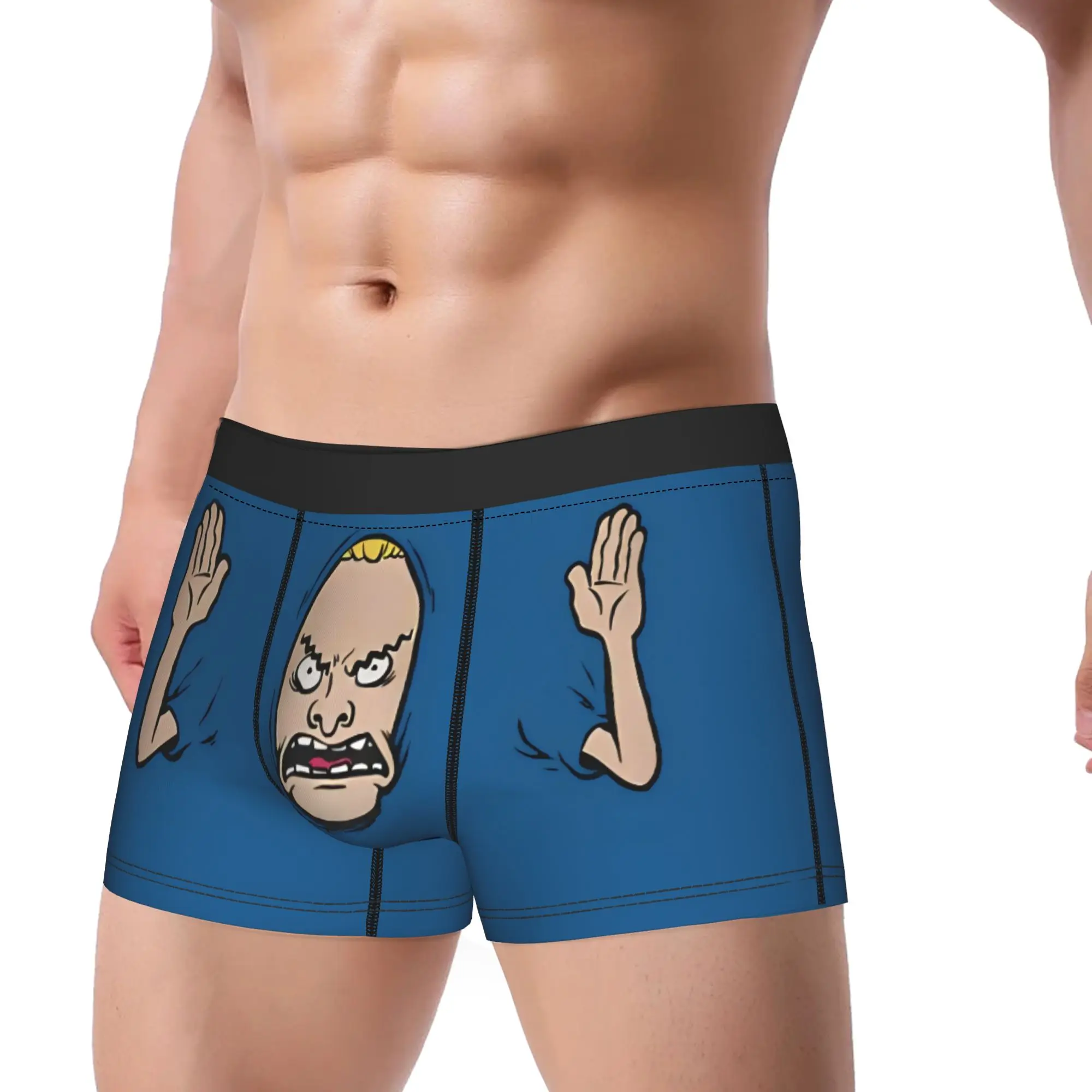 Blue with cute characters hands up Funny Underpants Breathbale Panties Male Underwear Ventilate Shorts Boxer Briefs