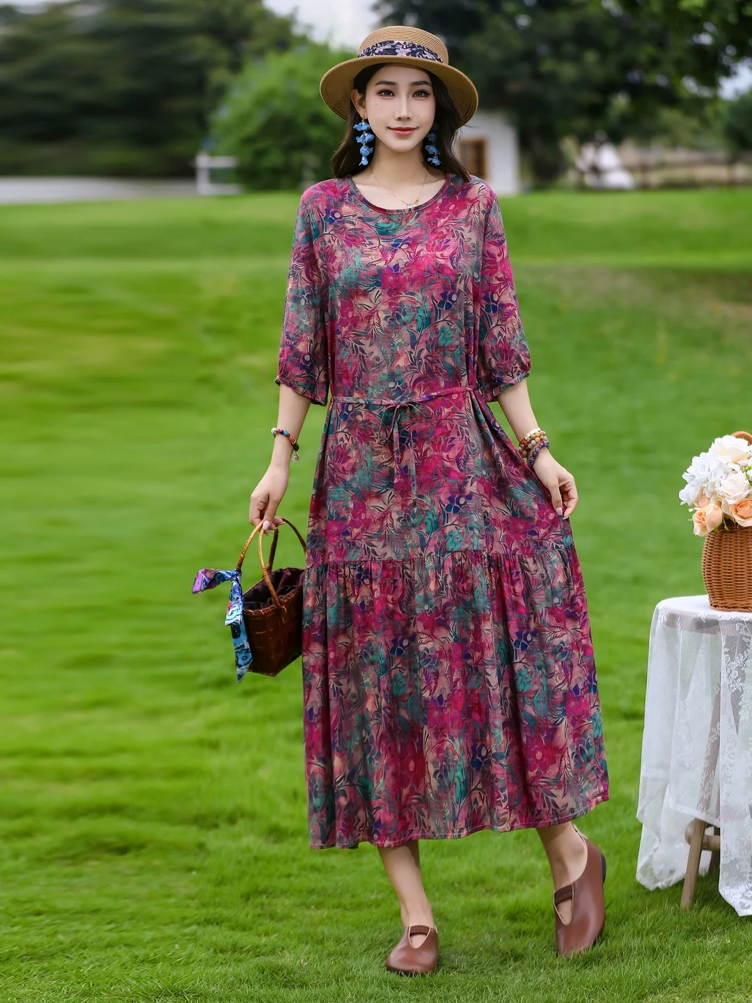 Retro Style Blue Floral Print Cotton Silk Dress Women's mid Sleeve Waist Cinched Midi Length Beachy Vacation Vibes Dress