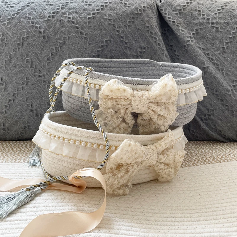 

Table Sundries Storage Basket Lace Cotton Cord Bow Pearl Decoration Storager Organizer Home Living Room Porch Storage Basket