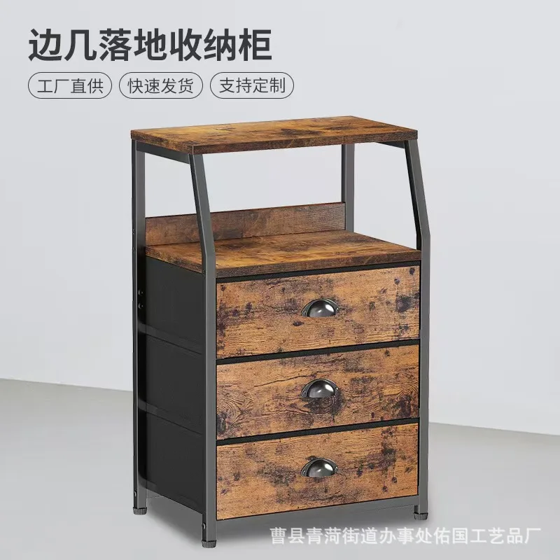 

Iron and wood combined edge bedside table with 3-layer drawer bedside table, household bedroom bedside storage locker
