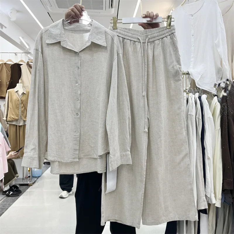 SuperAen European Style 2026 Spring and Summer New Simple Cardigan Shirt High-waisted Straight Wide-leg Pants Sets