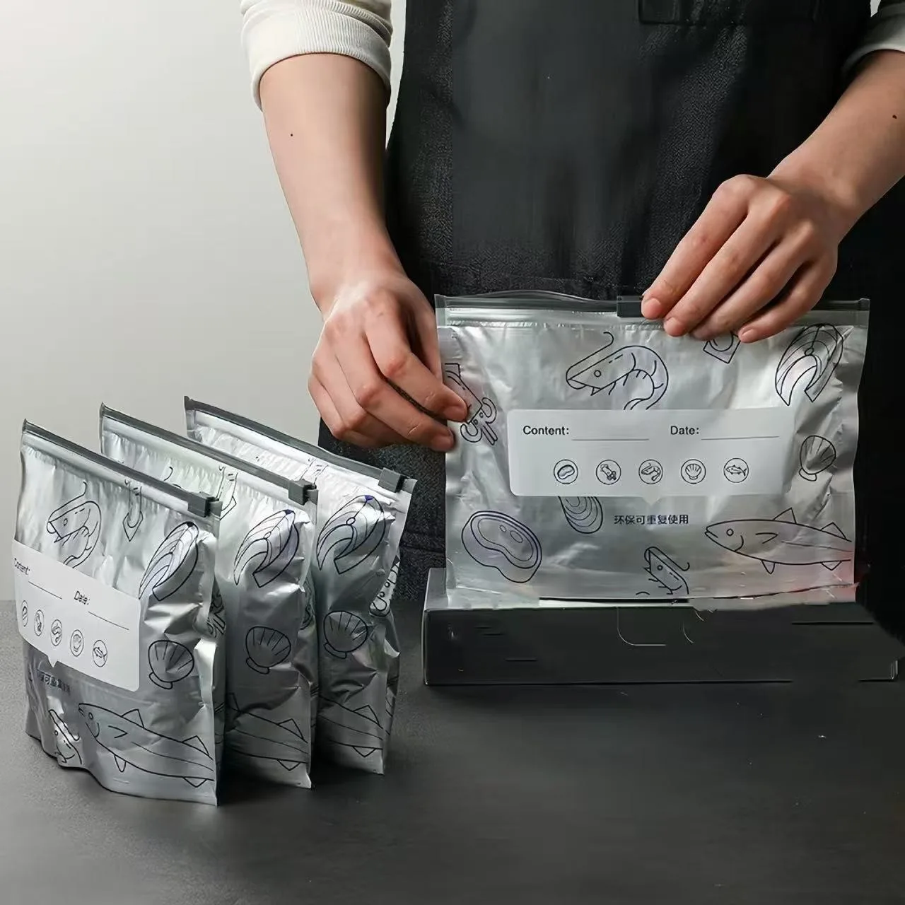 ​Reusable Aluminum Foil Freezer Bags Leakproof Stand Up Ziplock for Seafood Meat Vegetables Long Term Fresh Storage Small Tools​