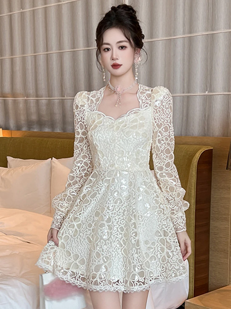 Elegant Lovely Evening Party Dresses Women Sweet Bright Sequins Sheer Lace Ball Gown Lady Banquet Vestidos Fiesta Mujer Spring