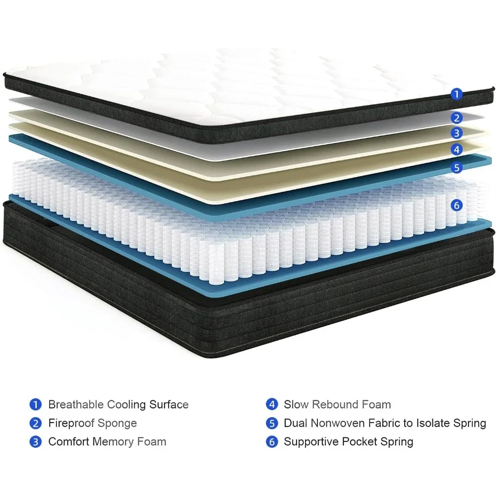 퀸 사이즈 매트리스, 메모리 폼 하이브리드 매트리스, 압력 완화용 개별 포켓 용수철, 한 상자에 12 인치