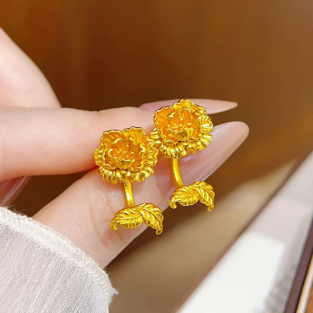 Chisel three-dimensional rich flower earrings national color senior sense detachable earrings 9999gold