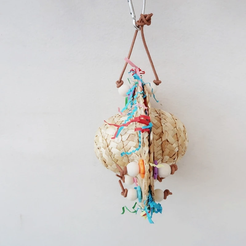 Handmade Pet Bird Toy Birdcage Hanging Toy Natural Straw Hat Parrot Chewing Toy Cage Tearing Woven Hat Toy for Cockatoos