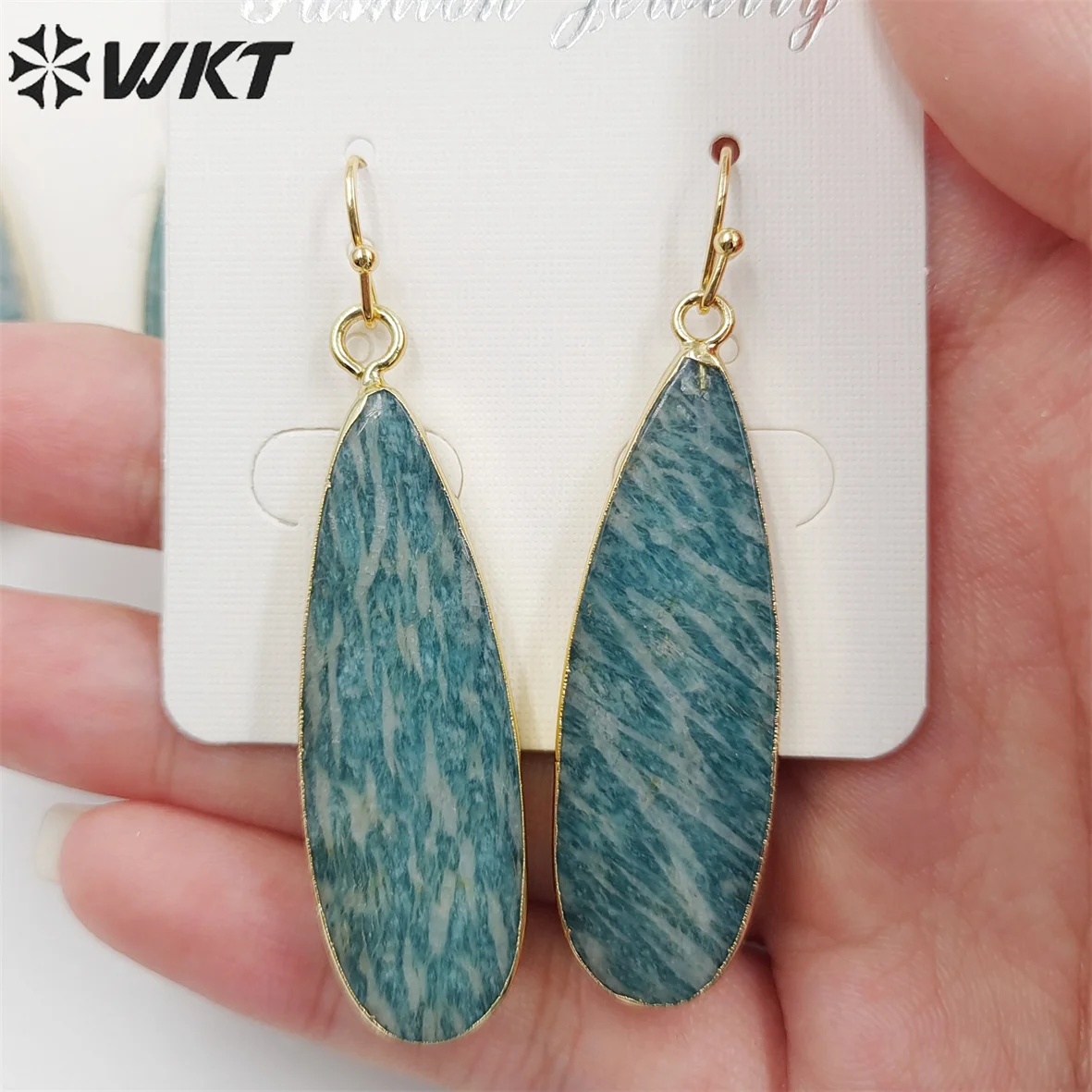 WT-E196 Hot Sales Long Teardrop Amazonite Earrings Natural Stone With 24k Gold Plated For Ladies Birthday Gift Charming Jewelry