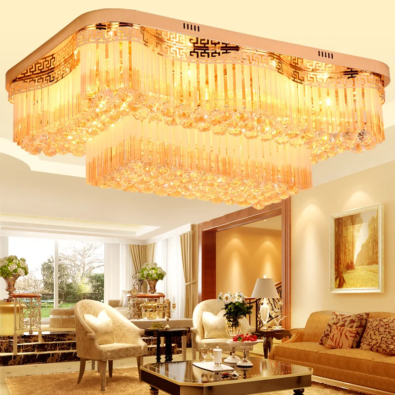 European-style living room lamps and lanterns atmospheric rectangular golden crystal lamp color-changing crystal ceiling lamp