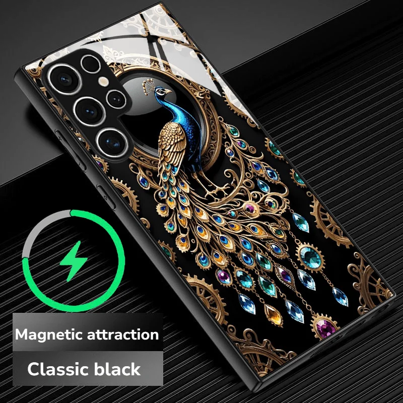 Gemstone Peacock Pattern Magnetic Glass Phone Case Suitable for Samsung Galaxy S26 S25 S24 S22 S21 S20 FE/Ultra/Plus Anti Drop