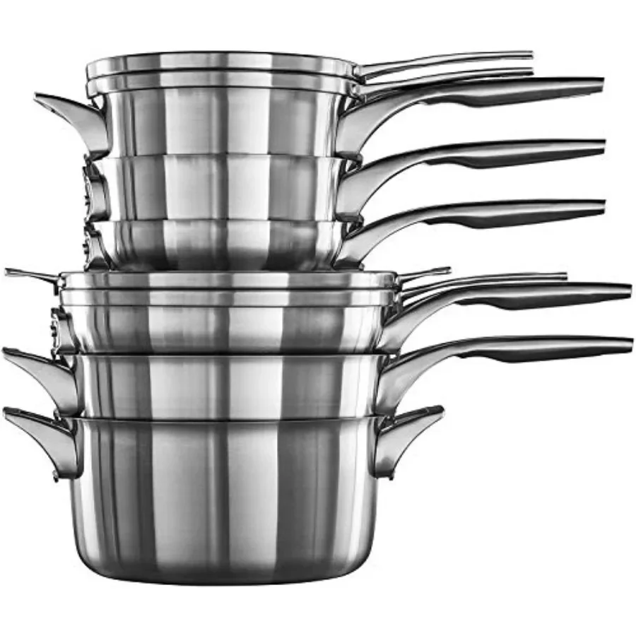 Kitchen stainless steel cookware set, silver, space-saving design for compact storage