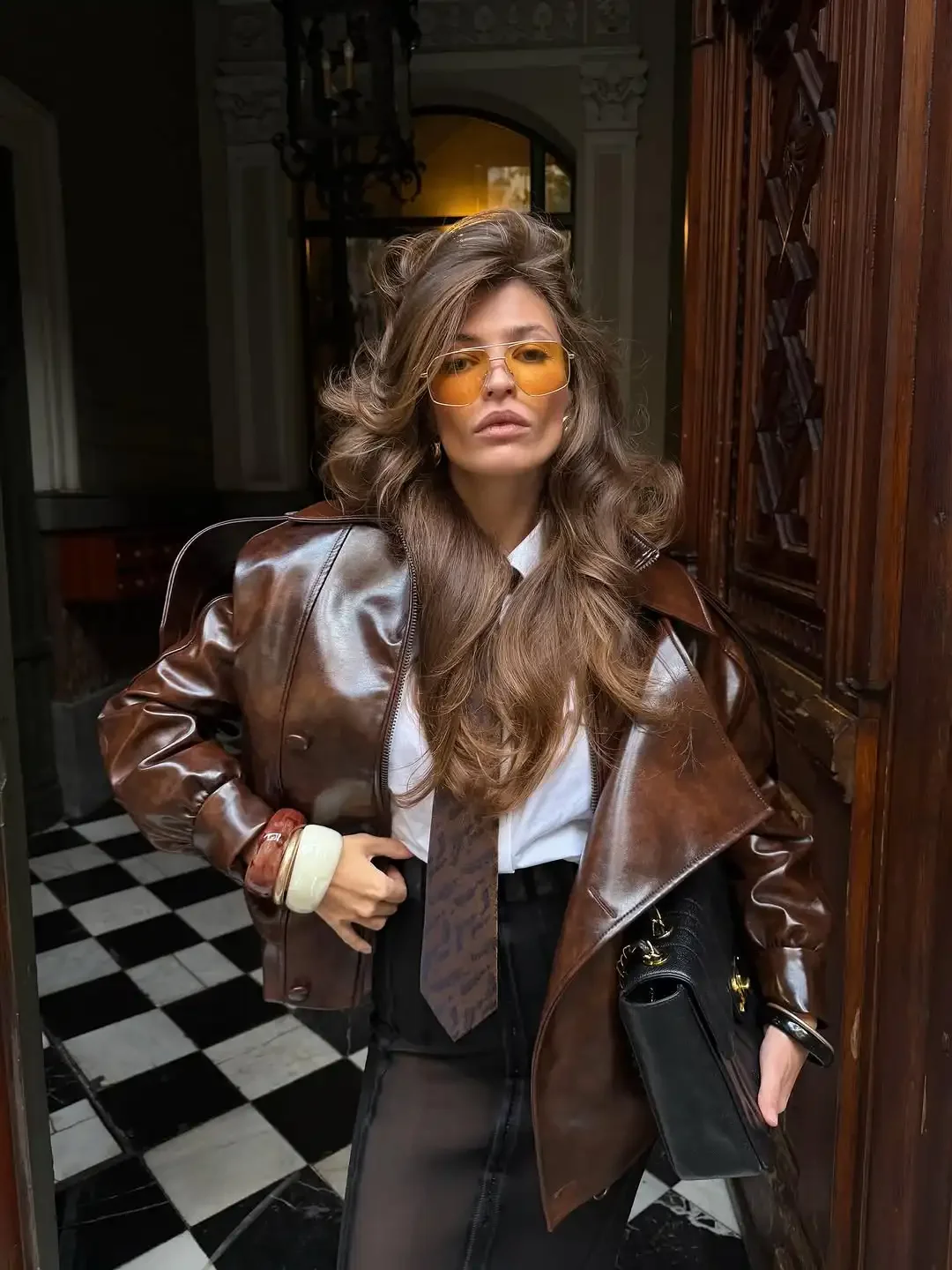 Kurtka skórzana ze stójką, retro, casual, z klapami, z długim rękawem, zapinana na zamek, krótka kurtka typu bucket, nowość 2025, odzież wierzchnia damska w stylu high street.