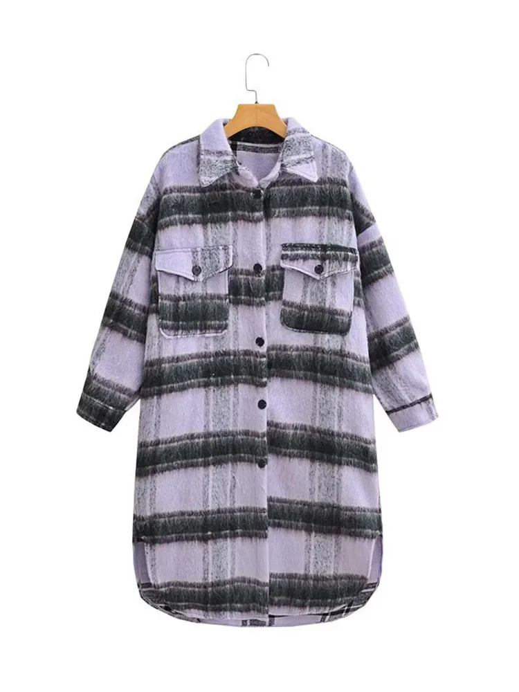 Damski płaszcz zimowy z długim rękawem, kołnierzem, zapinany na jeden guzik, z kieszeniami, dekoracyjny, wełniany, długi płaszcz damski, ciepły płaszcz w kratę do pracy.