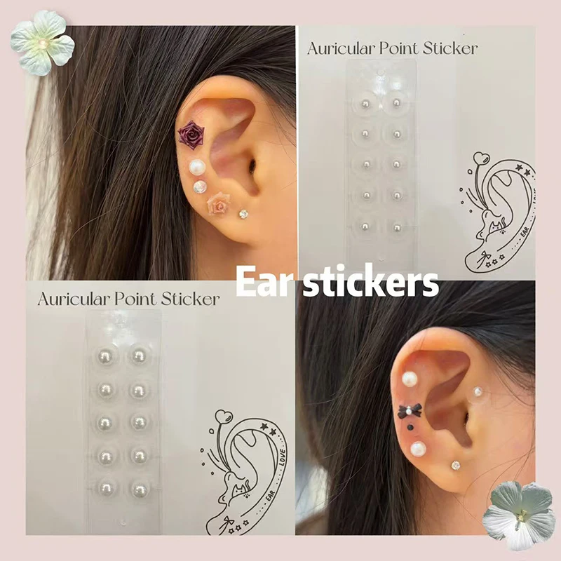 10 Patches Fashion Colorful Rhinestone Pearls Ear Point Stickers Ear Pressure Stick Acupuncture Auricular Ear Stickers Massage