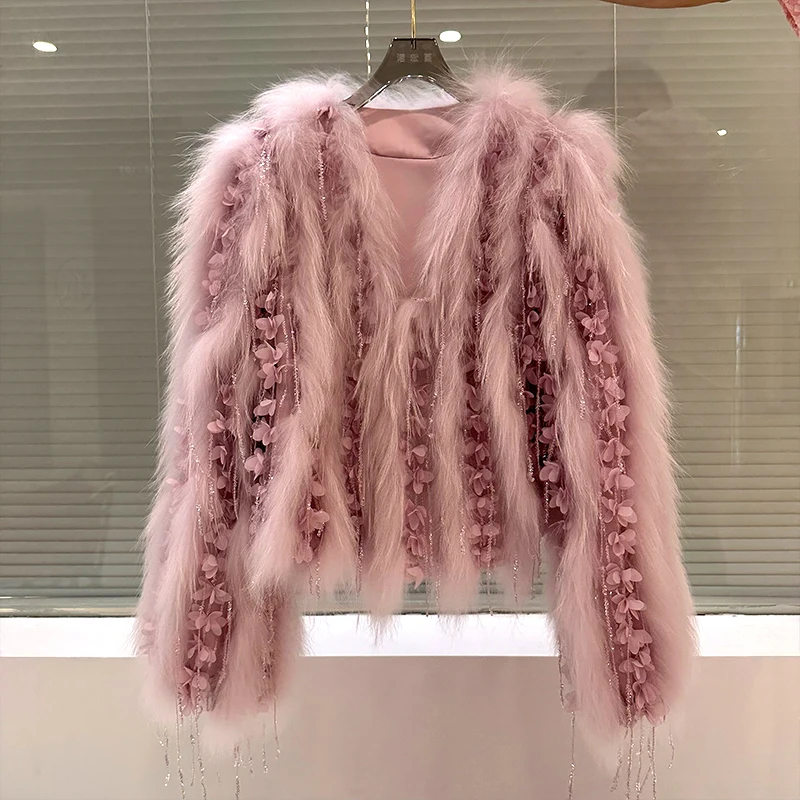 

Fur Strip Sewed Toghter Natural Fox Fur Coat With Tassels Winter Warm Women Coats Thick Jackets