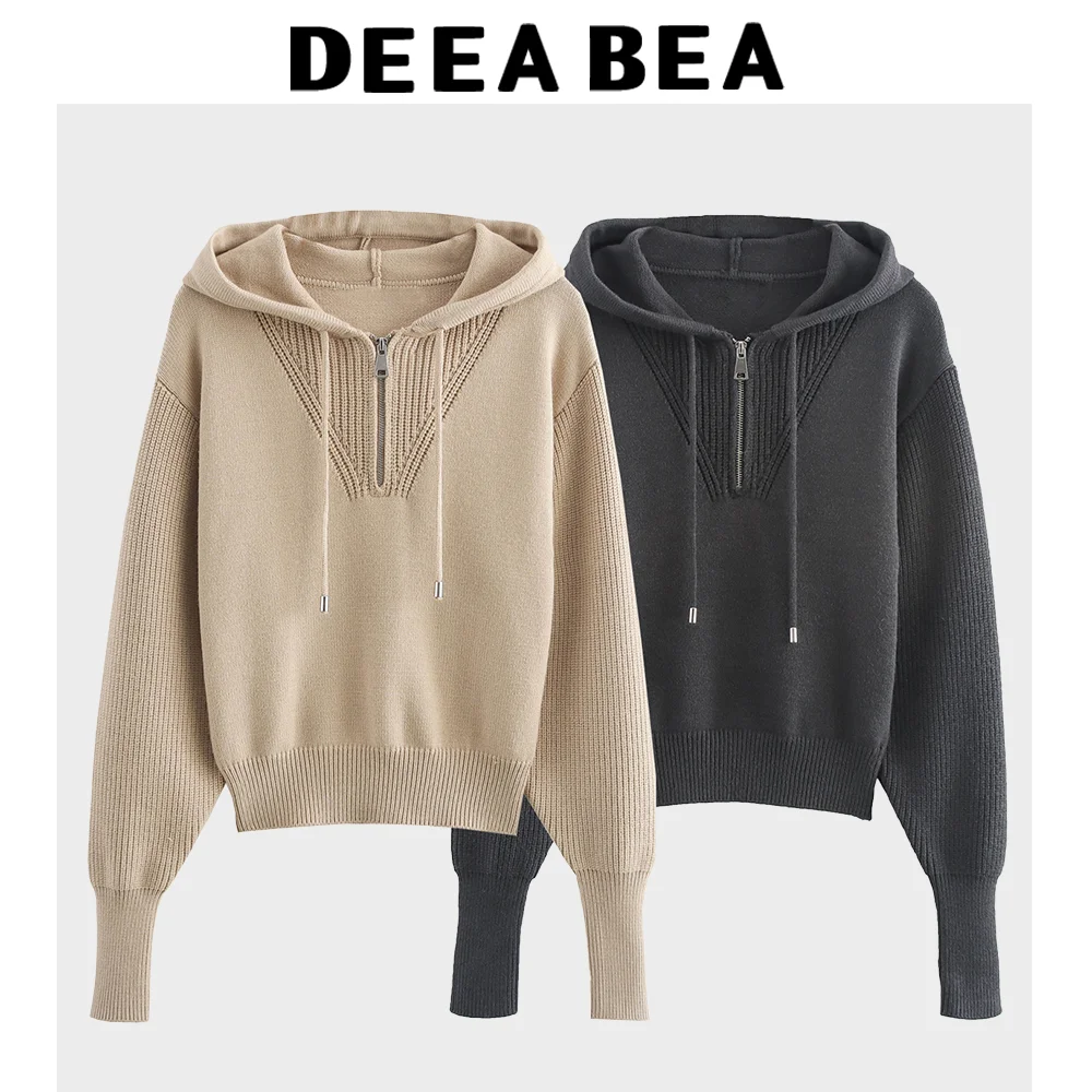

Sweet Fashionable Ribbed Drawstring Zippered Hooded Knitted Sweater Warm Comfortable Versatile Stylish Graceful