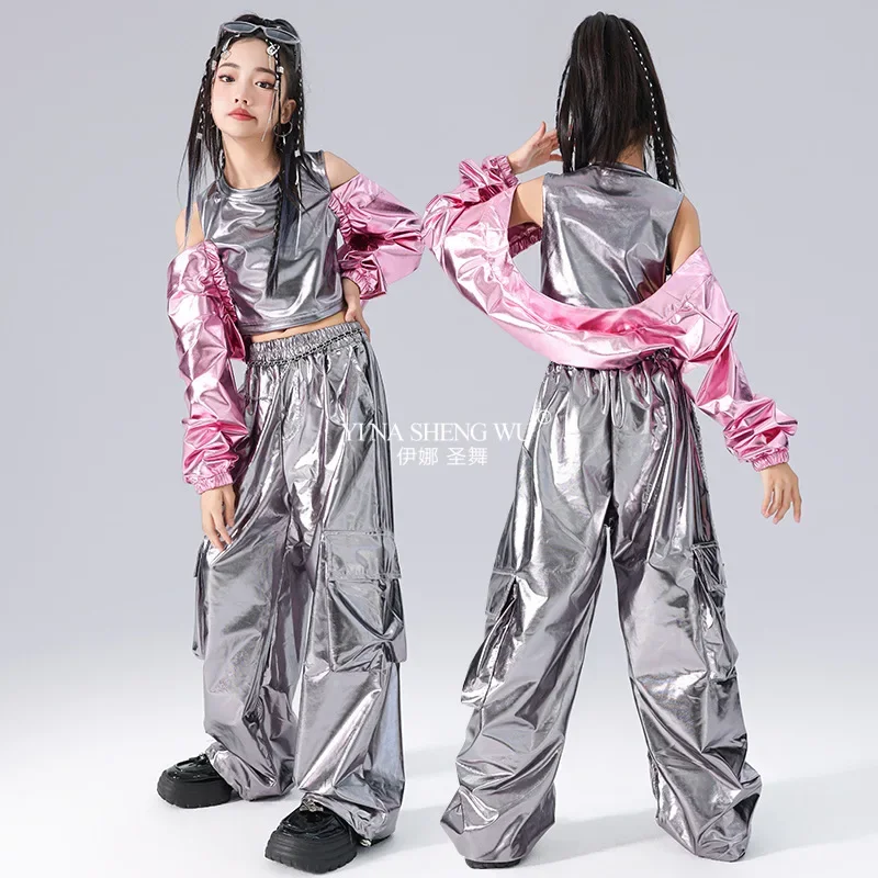 Kids Jazzdans Kostuum Meisjes Hip Hop Outfit Top Zilveren Broek Kinderen Street Dance Wear Prestaties Kleding Kpop Show