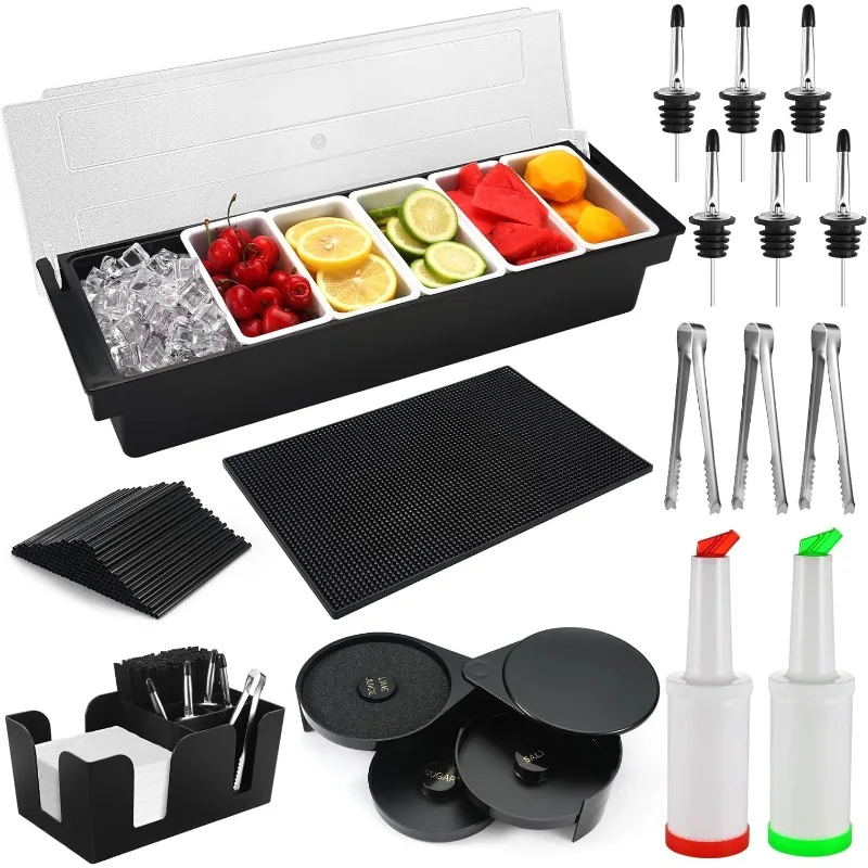 

Garnish Tray with Lid Bar Caddy 3 Tier Bar Glass Rimmer, 2 Plastic Juice Pour Bottles 3