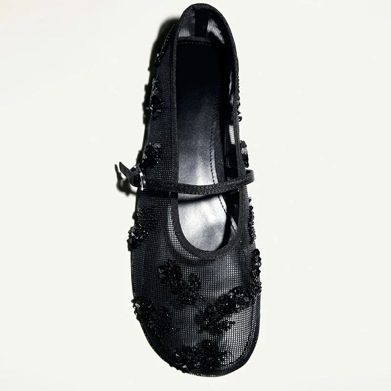 حذاء ماري جين المسطح الجديد للسيدات بمقدمة مستديرة من قطعة واحدة بأزرار من ماري جين مع ترتر وشريط من القماش الشبكي #4