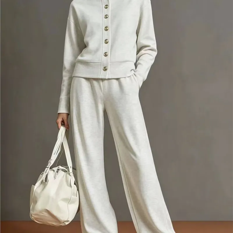 Women's 2-piece Retro Solid Color Button Bomber Jacket Sweatshirt High-waisted Straight Trousers Set Women's Loose Pants Suit