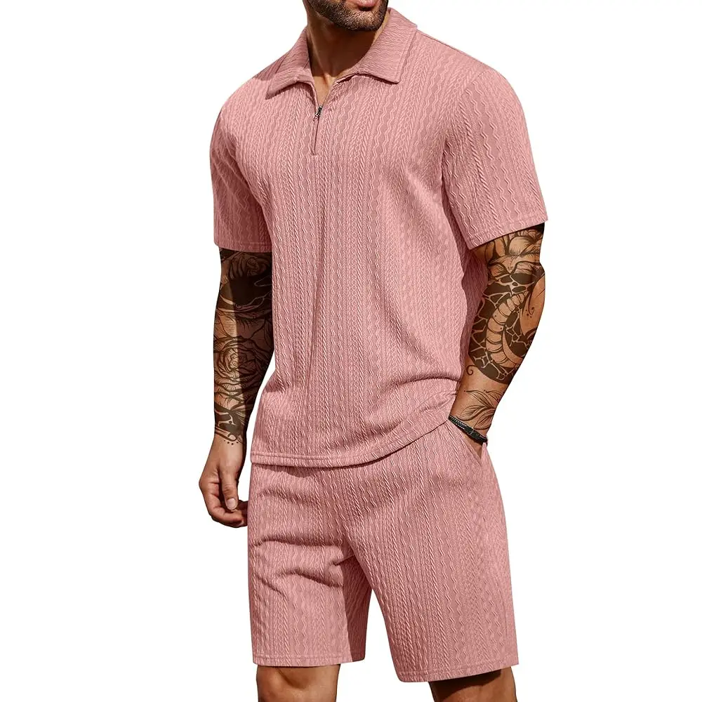 

Men's 2 Pieces Outfits Casual Quarter Zip Polo Shirt and Shorts Set Athletic Jogging Summer Tracksuit