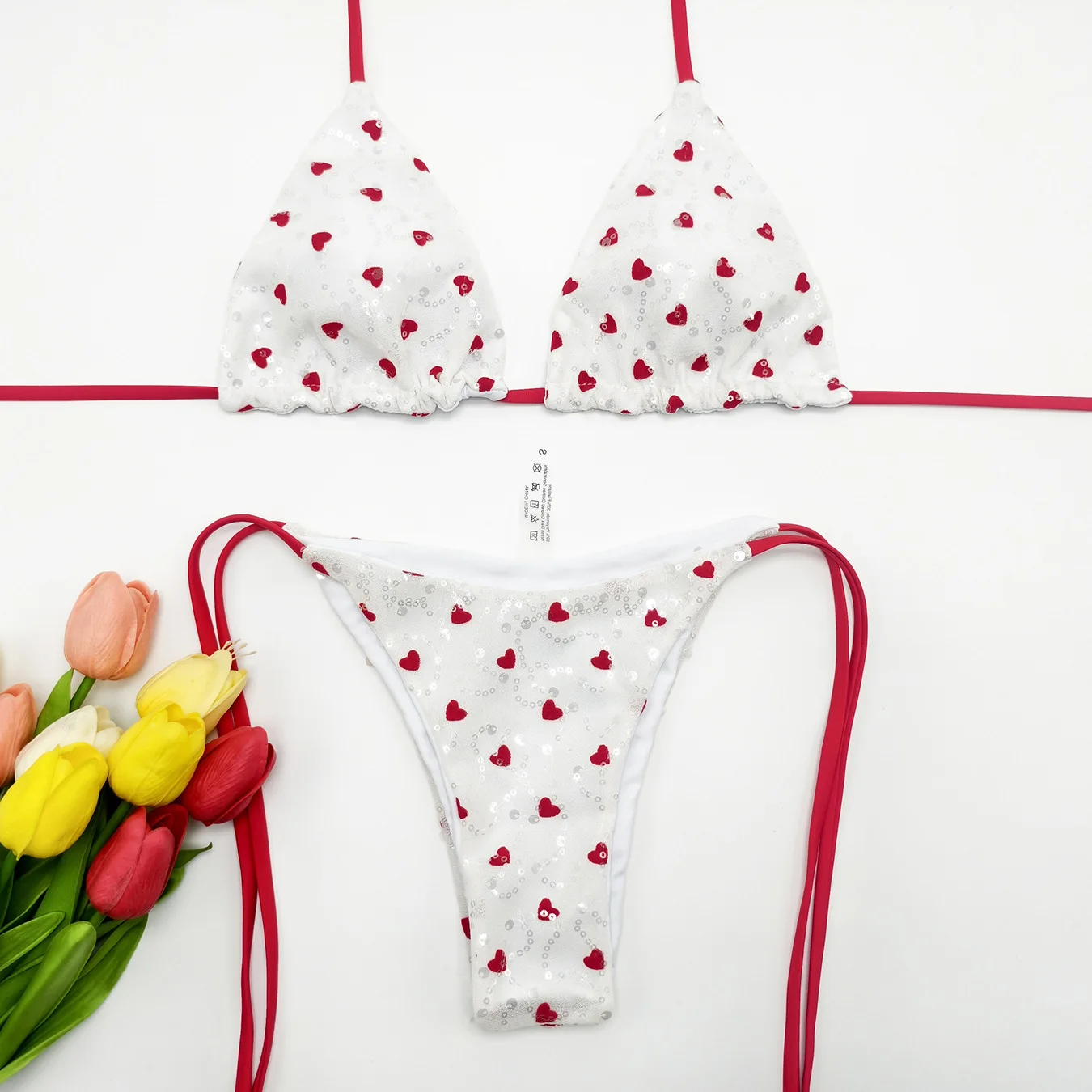 Flower Tassel Strap Bikini Set Sequin Triangle Swimwear Women Pearl Waist Belt Swimsuit Halter Biquini Beachwear Bathing Suit