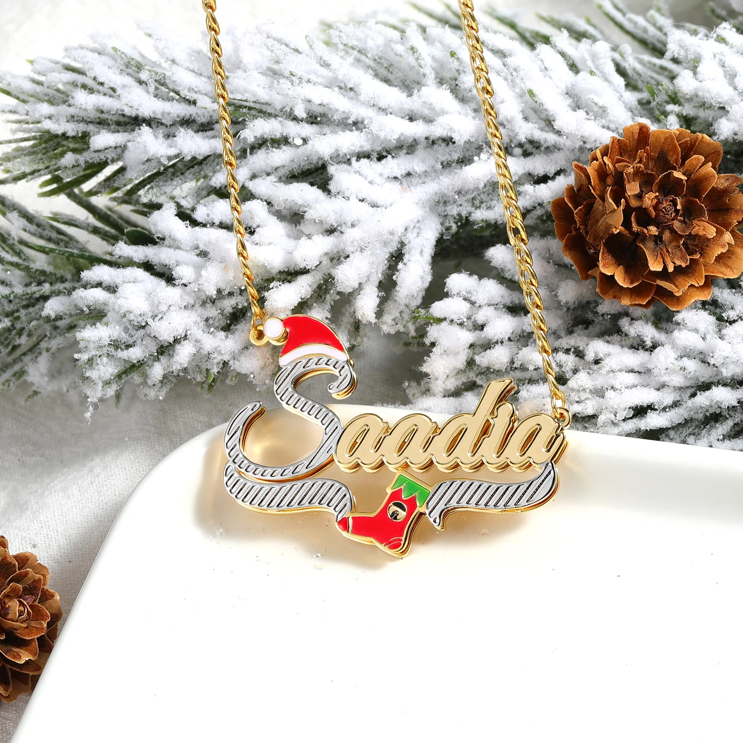 

Custom Name Necklace Personalized Christmas Santa Hat Stocking Design Gold Plated Jewelry for Women Festive Gift