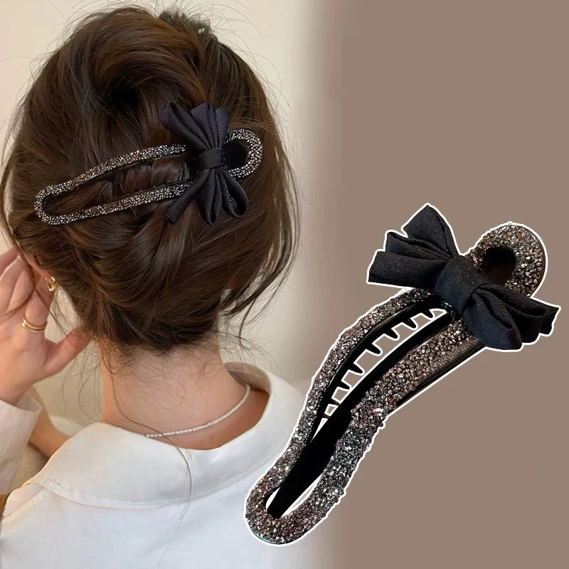 

Rhinestone Duckbill Clip Classic Black Bow Convenient Hairpin Versatile Fashion Girls Hairpin Hair Accessories