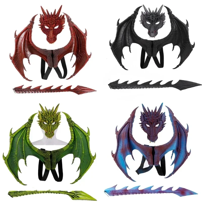 New 2025 Dragon Mask and Tail Kids Kid Cosplay Wedding Party Halloween Christmas Costume Decoration Wing DecoraX160