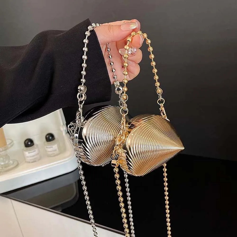 

Portable Elegant Banquet Chain Bag Luxury Silver Ladies Crossbody Bag Mini 3D Metal Shell Handbag Girls