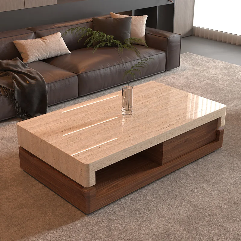 

"Travertine & Walnut Coffee Table - Luxury Minimalist Design, Customizable Living Room Center Table with Marble Base"