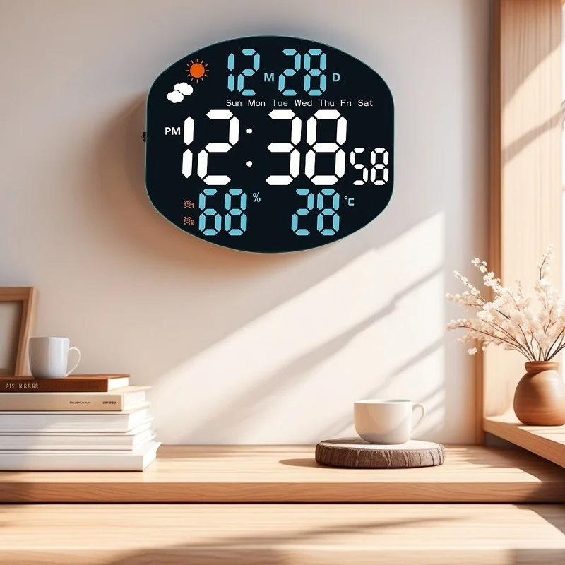 Wetterstation Große Digitale Wanduhr TEMP Luftfeuchtigkeit Datum Woche Nachtmodus Tischuhr 2 Alarme 12/24H USB LED Wecker – Detail 6