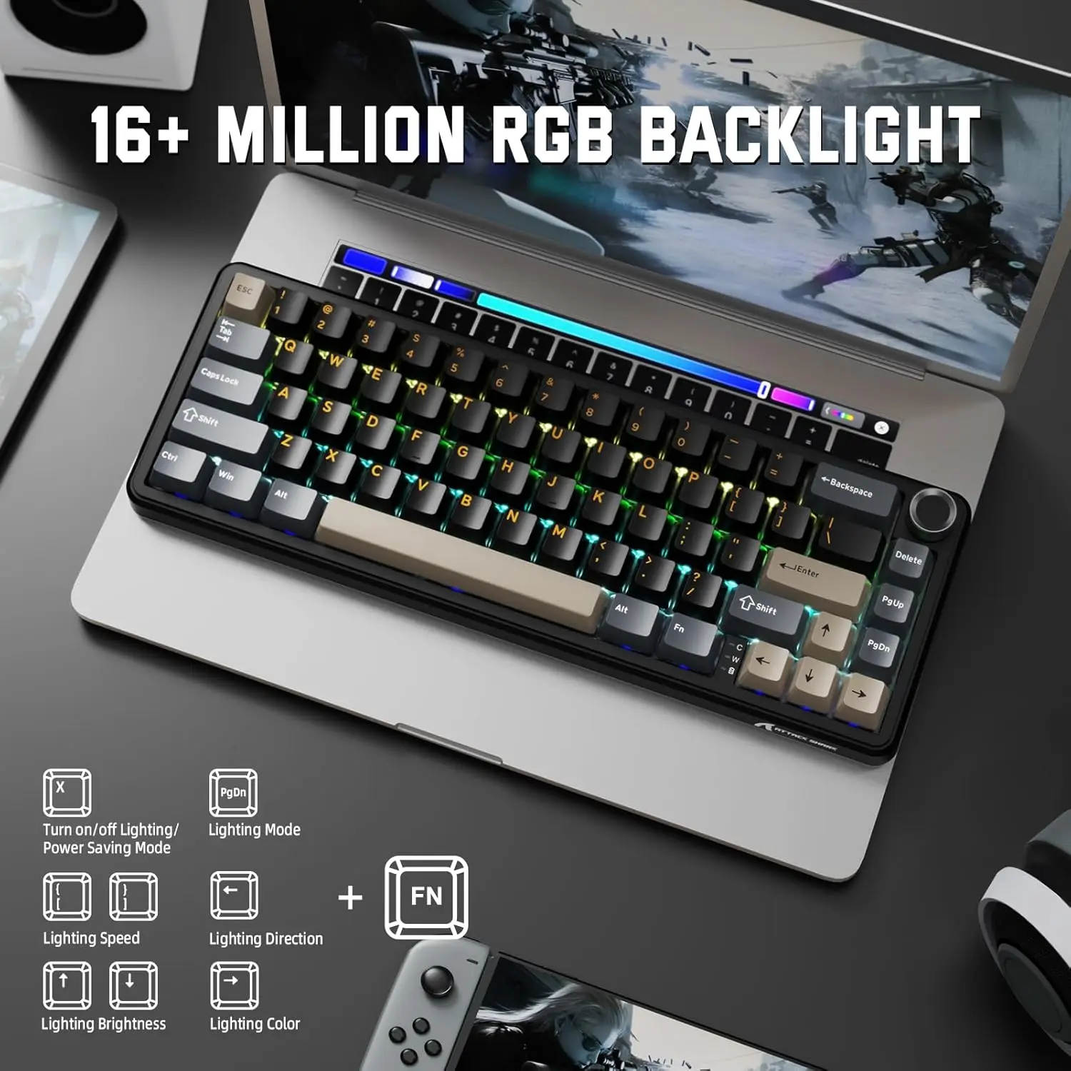 

ATTACK SHARK X66 Gasket Wireless Mechanical Keyboard with Volume Knob,60% Bluetooth/2.4GHz/Wired Gaming Keyboard,RGB Backlit,Sid