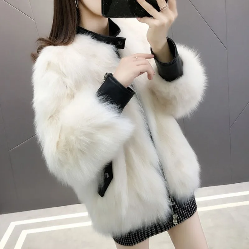 2023 New Faux Fox Skin Coat Women's Short PU Leather Standing Collar Long Sleeve Loose Winter Jacket Women's Fashion Coat