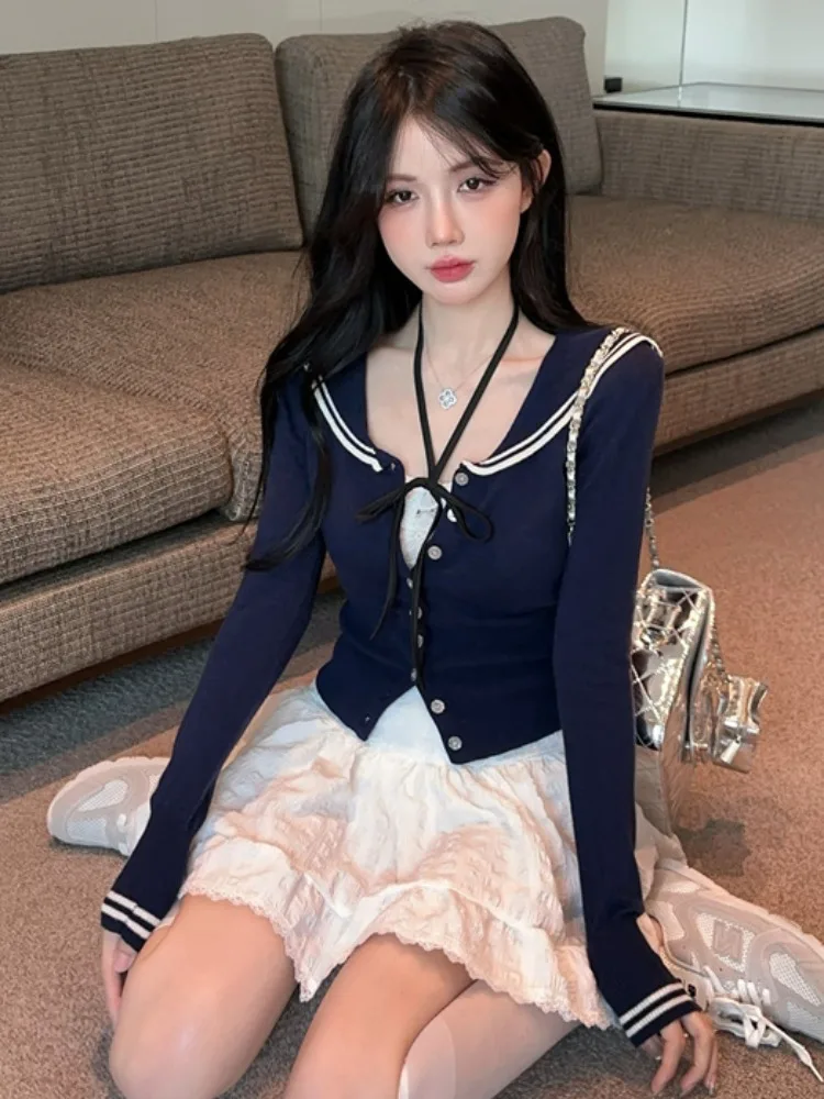 

Sweet Naval Collar Long Sleeve Knitted Top High Waist Puffy Short Skirt A-Line Skirt Set Women's Fashion Spring Autumn