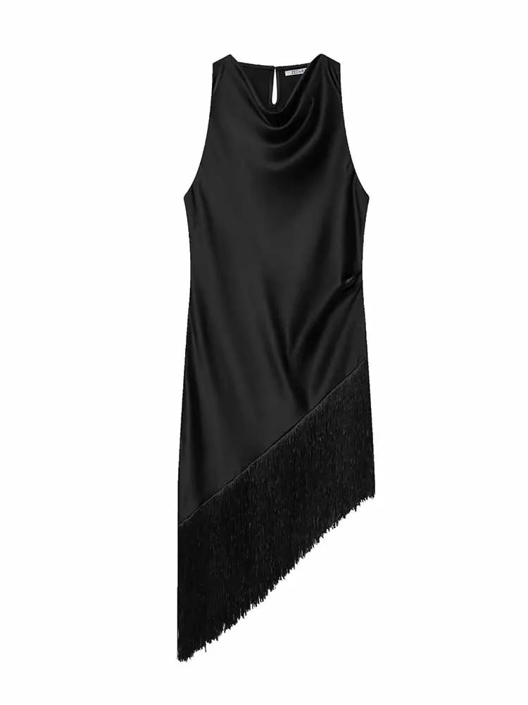 Hh nova mulher primavera moda sexy sem mangas seda cetim textura borla decoração bainha irregular longo topos feminino festa