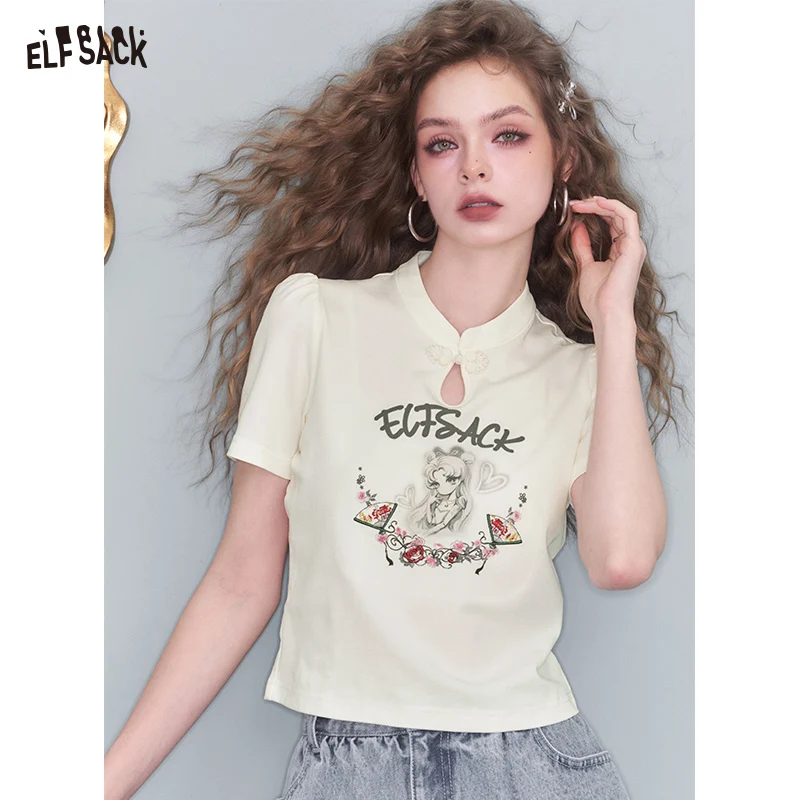 

ELFSACK 2025 Summer New Arrival New Chinese Style Printing Short-Sleeved T-Shirt Women's Design Short Top