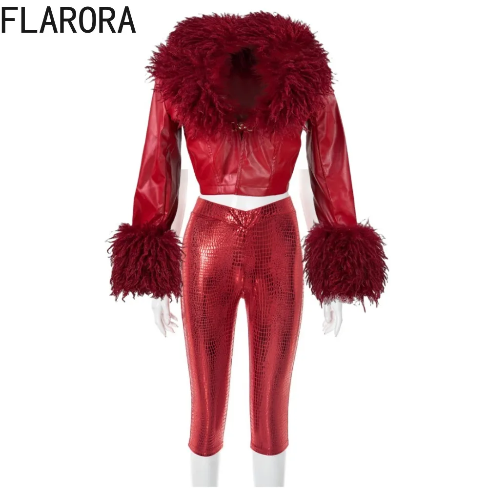 FLARORA Moda Patchwork in pelliccia sintetica Set da 2 pezzi Donna Cardigan con scollo a V Giacche e pantaloni skinny Abiti Autunno Vintage Streetwear
