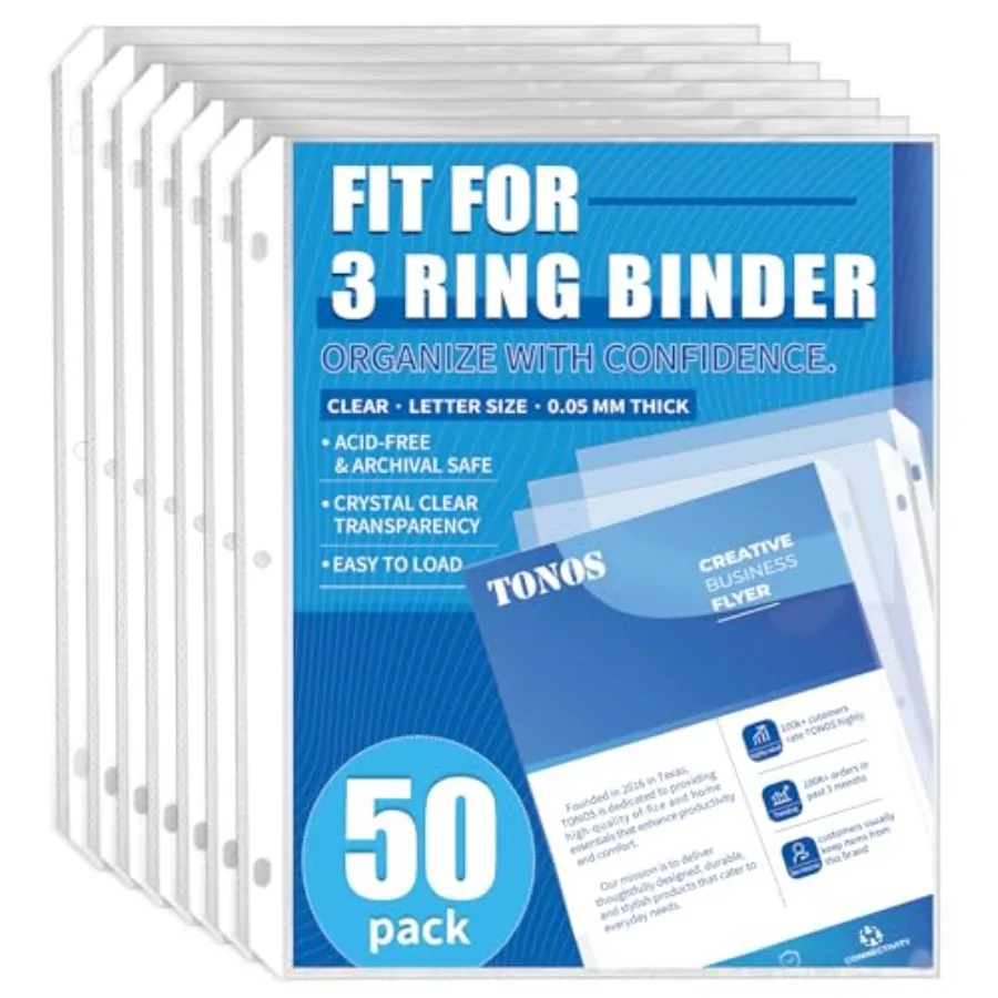 

50 Pack Sheet Protectors for 3 Ring Binder - Clear Page Protectors and Plastic Sleeves for Paper 8.5x11 Inch+Colored File Folde