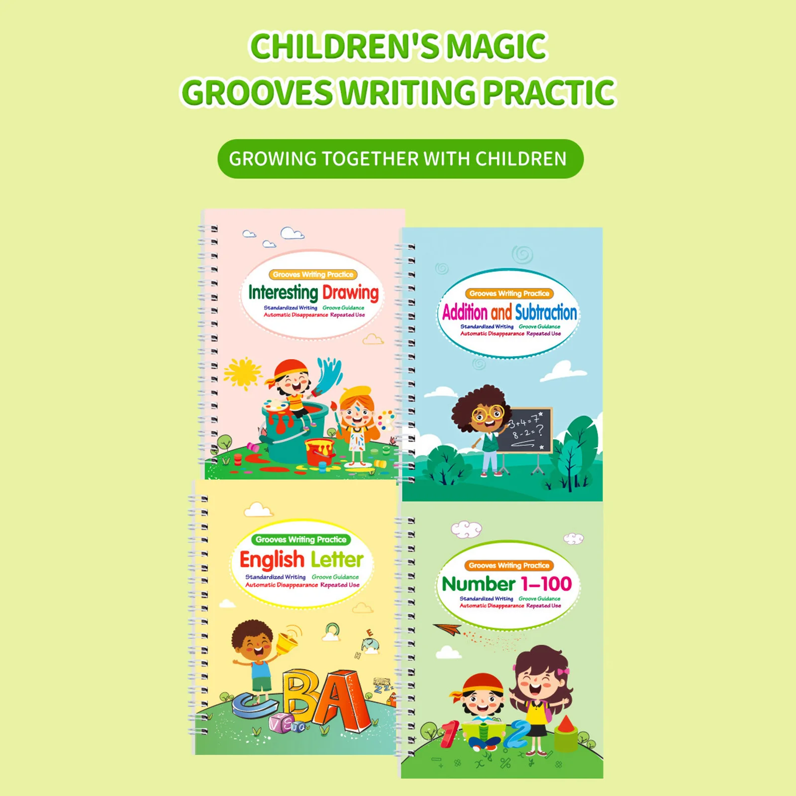 4 pezzi di quaderno di esercizi di scrittura riutilizzabile scanalato magico, libro di tracciamento di lettere, libro di esercizi di scrittura a mano per l'apprendimento dei bambini