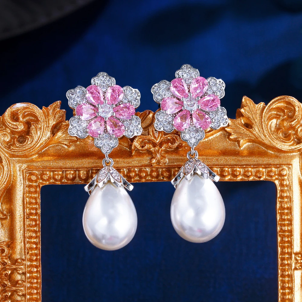 ThreeGraces Delicate Shiny Pink Zircon Simulated Pearl Long Flower Dangle Earrings for Women Bridal Wedding Party Jewelry E1929