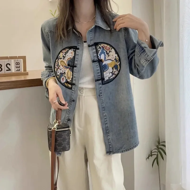 

Korea Denim Jacket Women Long Sleeve Blue Jeans Coats Embroidery Streetwear Layd Jacket For Women 2024 New