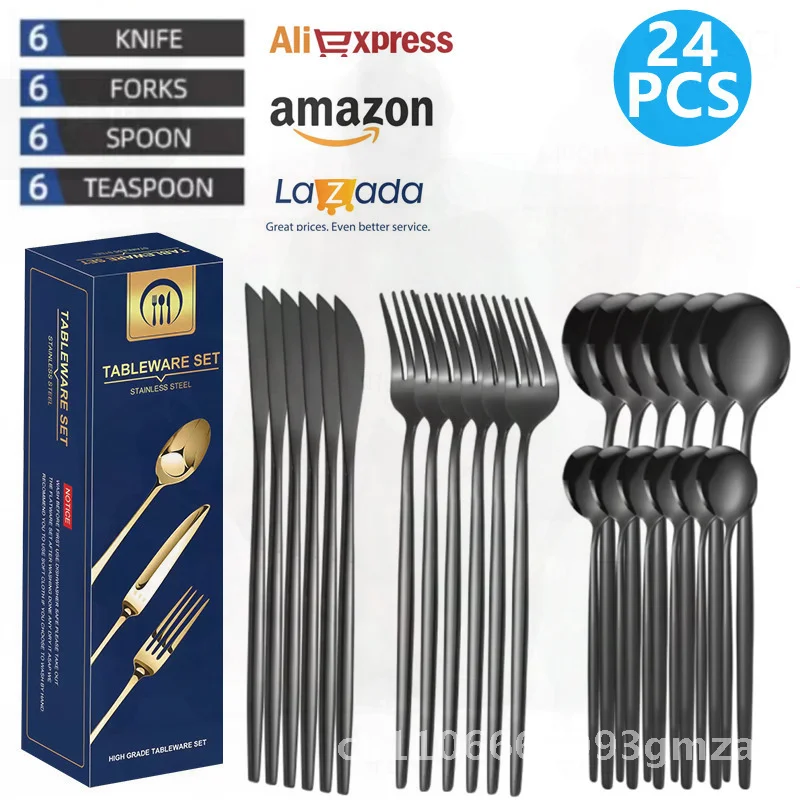 

Portuguese 24-Piece Stainless Steel Tableware Set - Modern Minimalist Knife Fork Spoon Dining Set Silver Gold Rose Gold Options