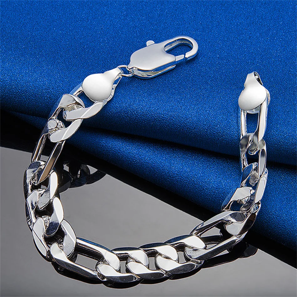 925 فضة 12 مللي متر 8 بوصة غرامة فيجارو سلسلة سوار الرجال النساء موضة الزفاف هدية مجوهرات حلية الشرير الطرف