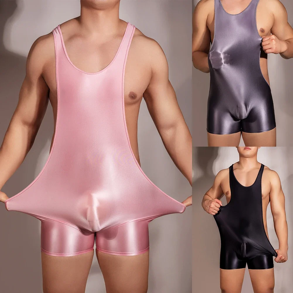 New Mens Oil Shiny Glossy U Convex Pouch Straps Bodysuit Sexy Smooth Trunk Boxer Briefs Underwear Swimsuit Sleep Bottoms