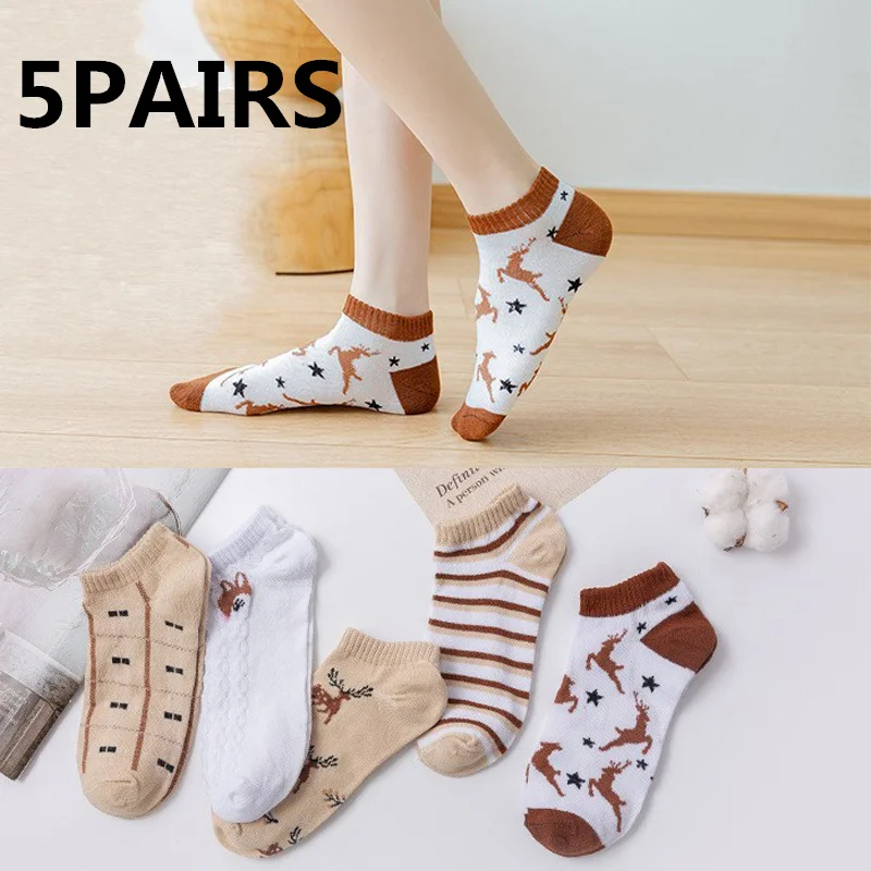 5Pairs/Lot Cartoon Animal Short Socks Women Breathable Cotton Sports Sock Harajuku Cute Deer Girls Boat Socks Female Breathable